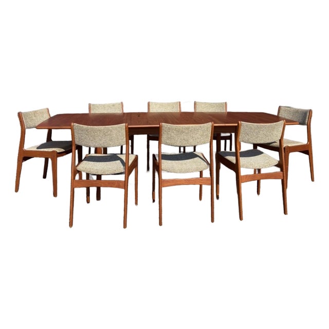 Mid Century Danish Teak Dining Set W/ 2 Butterfly Leaves & 8 Chairs For Sale