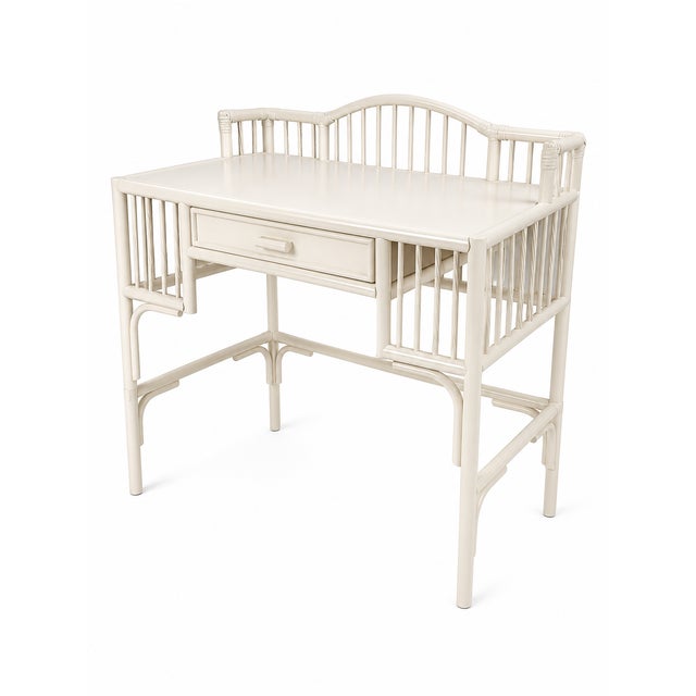 Chinoiserie Vintage Chinoiserie Rattan Writing Desk in Benjamin Moore Cloud White For Sale - Image 3 of 8