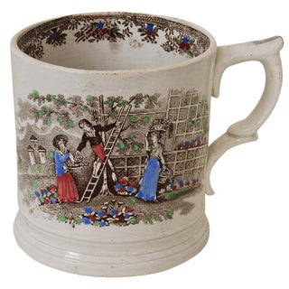 Nineteenth Century English Hand Painted Staffordshire Frog Mug With Garden Scenes For Sale