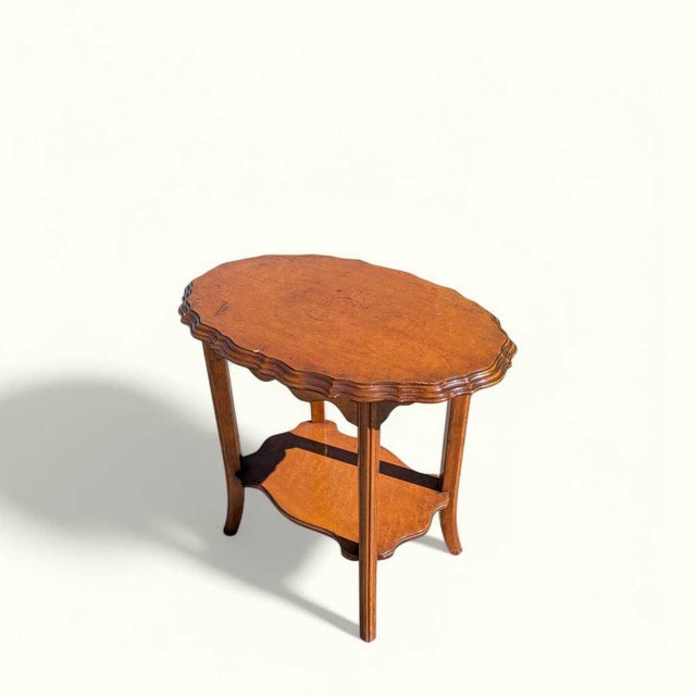 Vintage Oval Wood Side Table With Scalloped Edge and Lower Shelf For Sale In Los Angeles - Image 6 of 12