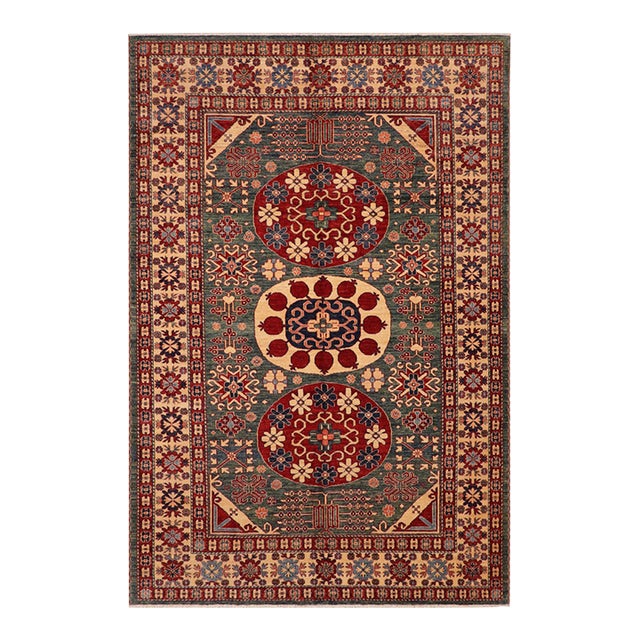 Tribal Super Kazak Green/Beige Wool Rug - 6'10'' X 9'6'' For Sale