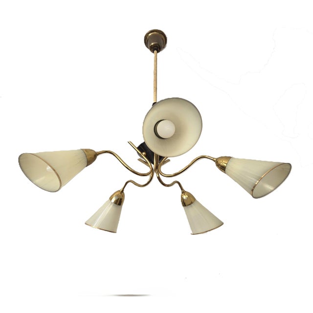 Mid-Century Modern Mid-Century Modern 5-Arm Tulip Chandelier, 50s 60s Sputnik Design Brass Accents For Sale - Image 3 of 12