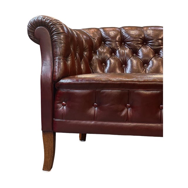 Swedish Chesterfield Sofa or Settee of Tufted Patinated Oxblood Leather For Sale - Image 14 of 15