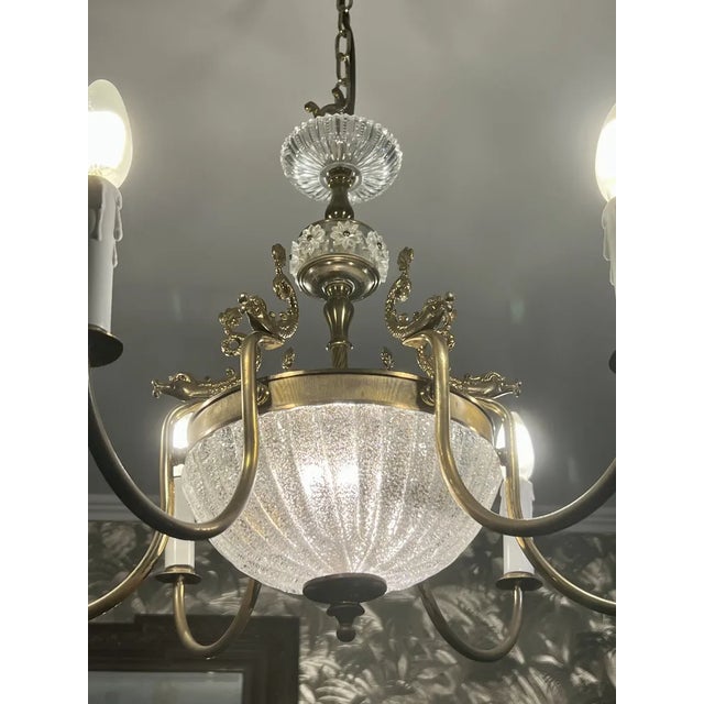 Metal Art Nouveau Chandelier with Glass Bowl and Brass Fish, 1915 For Sale - Image 7 of 9