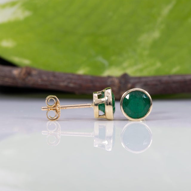 2020s 1.6Ct Zambian Emerald Solitaire Stud Earrings in Solid 14k Gold, Bezel Set 6mm For Sale - Image 5 of 7