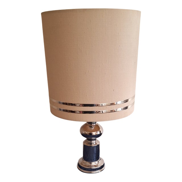 Vintage German Table Lamp with Chrome-Plated Metal Base and Original Fabric Shade by Aro, 1970s For Sale