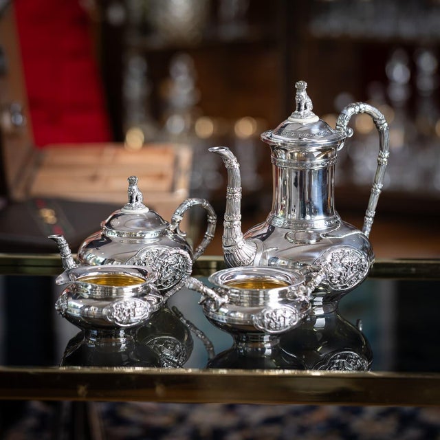 Antique mid 19th century dutch 'chinoiserie style' solid silver four piece tea and coffee service. Comprising of a coffee...
