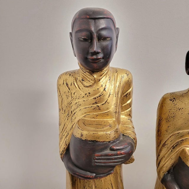 Wood Set of Three Large Carved Gilt Thai Monks on Scroll Base, Late 20th Century For Sale - Image 7 of 14