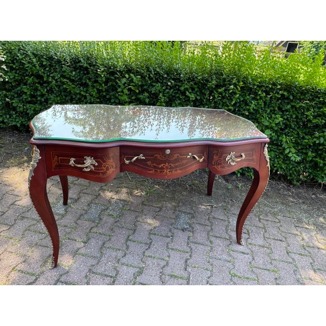 Brown Circa 1970 French Louis XVI Mahogany Bronze Writing Desk For Sale - Image 8 of 12