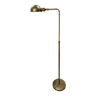 Vintage Patinated Brass Adjustable Dome Floor Pharmacy Lamp With White Enamel Interior Shade For Sale