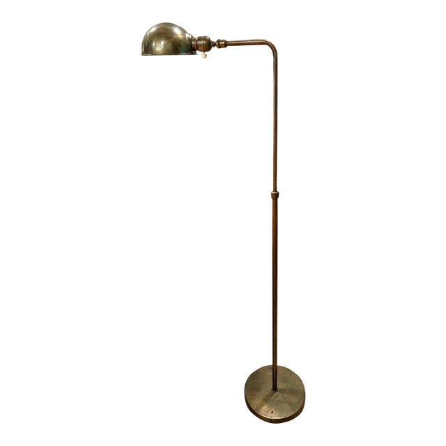 Vintage Patinated Brass Adjustable Dome Floor Pharmacy Lamp With White Enamel Interior Shade For Sale
