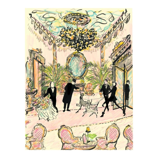 Two Poodles in the Lobby Contemporary Figurative Original Watercolor by Pauline De Roussy De Sales For Sale