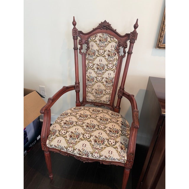 Traditional 2 Antique Carved Wood Upholstered Armchairs For Sale - Image 3 of 7