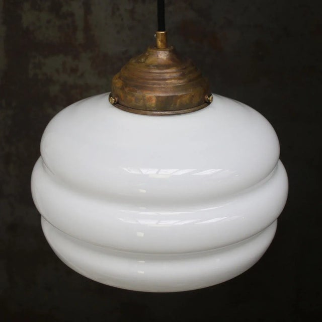 Vintage White Reeded Opaline Glass and Brass Pendant Lamp For Sale - Image 5 of 7