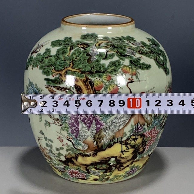 Chinese Vintage Chinese Celadon Famille Rose "Crane & Pine" Jar With Marchant London Label For Sale - Image 3 of 9