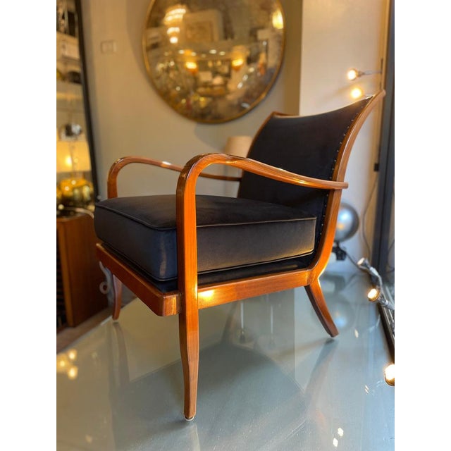 Cherrywood Chairs with Black Velvet Cushions, 1940, Set of 2 For Sale - Image 10 of 17