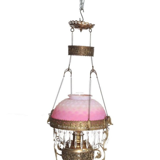 Late 19th Century Late 19th Century Victorian Brass, Bronze & Crystal Chandelier With Peachblow Hobnail Glass Shade For Sale - Image 5 of 17