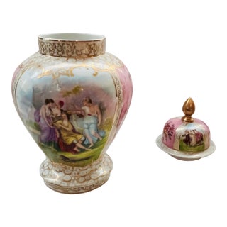 Vintage German Kalk-Style Gilt Porcelain Covered Urns — Pair For Sale