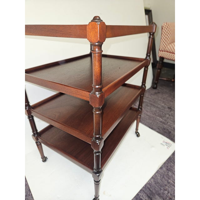 Mahogany Tier Table with nice tight turnings on tiny brass castors. English Regency Style, this one is American made in...