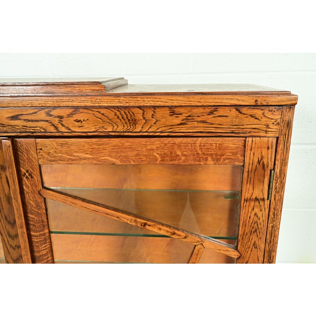 Wood Antique English Art Deco Carved Oak Bookcase or Display Cabinet, Circa 1920s For Sale - Image 7 of 12