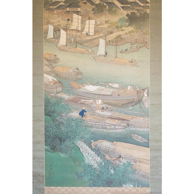 XXL "Fishing Village" by Yoshika, Taisho Japanese Silk Scroll Painting, in Original Wooden Case For Sale - Image 4 of 18