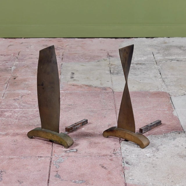 Metal Modernist Twisted Bronze Andirons For Sale - Image 7 of 12