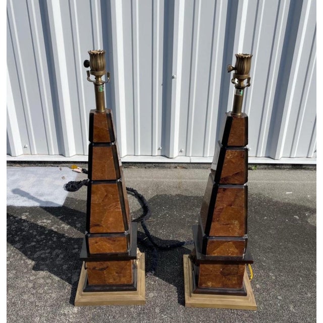Maitland Smith Penshell Obelisk Brass Lion Head Accent Table Lamps - A Pair For Sale In West Palm - Image 6 of 12