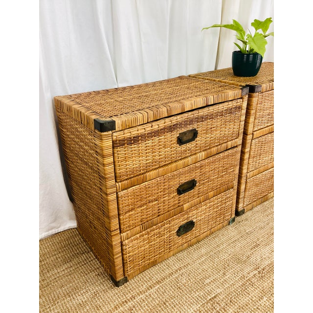 Vintage Pair of Woven Rattan Chest on Chest Dressers Boho Chic Campaign Style For Sale - Image 13 of 15