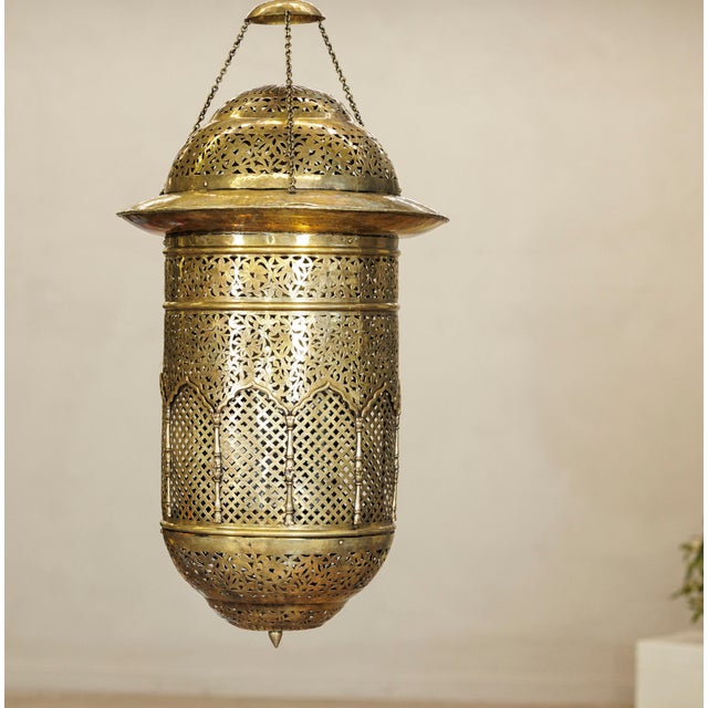 Vintage Indian Brass Hanging Lantern with Pierced Floral and Lattice Motifs For Sale - Image 15 of 18