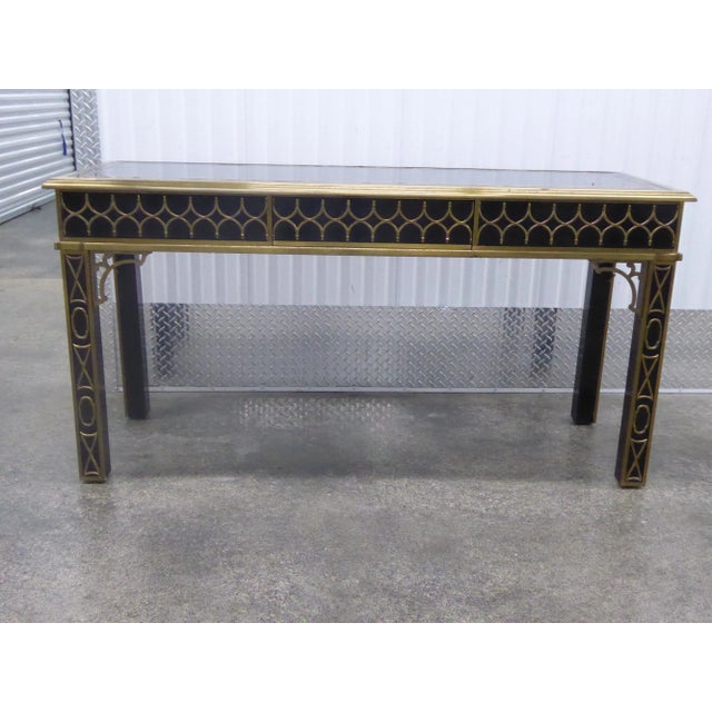 Gorgeous Black Lacquer & Bronze Fretwork Console Table with center drawer possibly Mastercraft unsigned sold as found in...