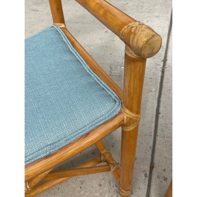Pair of Vintage Rattan McGuire Directors Style Armchairs, Newly Upholstered Sunbrella Seats For Sale - Image 9 of 10