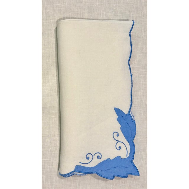 Vintage Cornflower Blue Embroidered French Linen Placemat and Dinner Napkin Set- 8 Pieces For Sale - Image 4 of 10