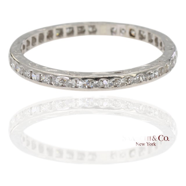 Vintage Platinum 0.60 Ct Natural Diamond HandMade Engraved Eternity Band Ring, Size 7.25 For Sale