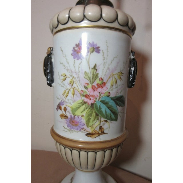 Rare Antique 1800's Hand Painted Pottery Brass Porcelain Electrified Oil Lamp For Sale - Image 4 of 11