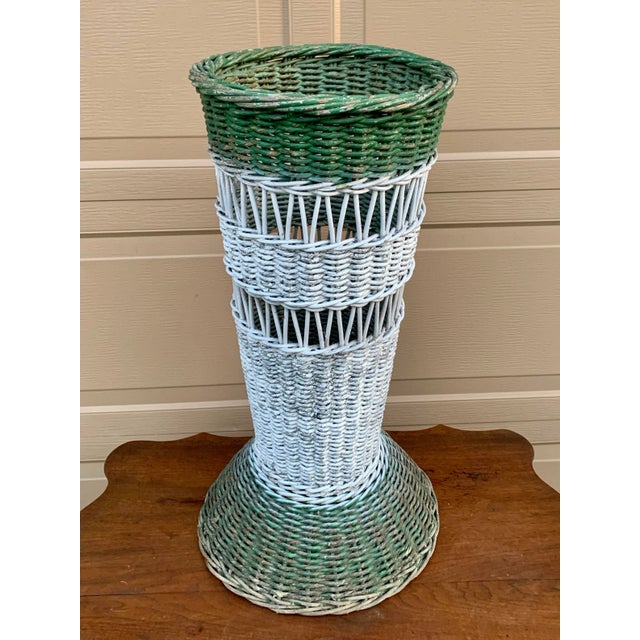 Victorian Antique Painted Wicker Umbrella Basket With Green and White Surface For Sale - Image 3 of 12