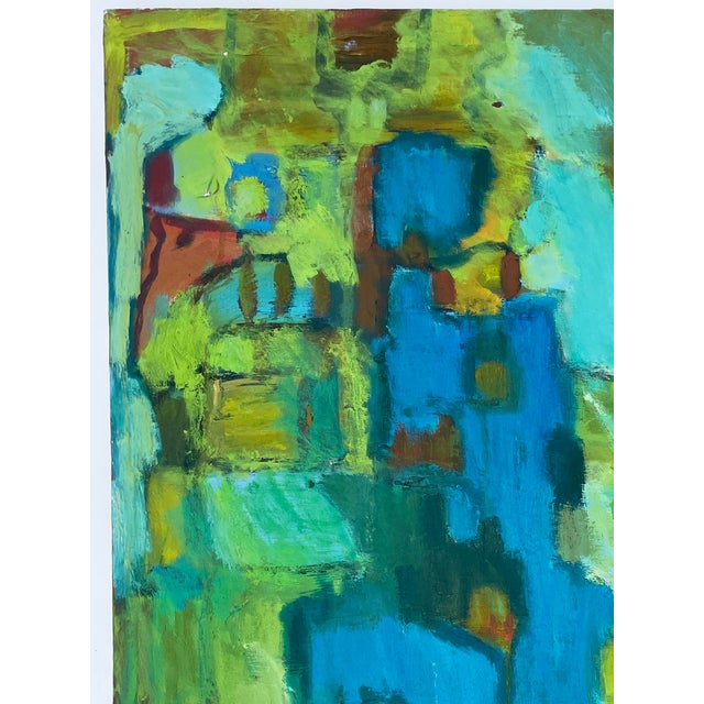 This is a wonderful abstract landscape in many hues of turquoise, lime green, and aqua, with accents of gold, yellow,...