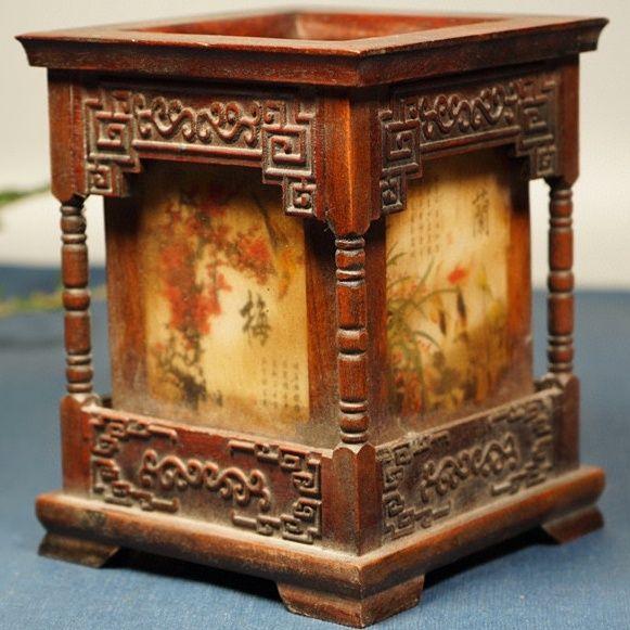 Rosewood Square Brush Pot With "Four Gentlemen" Motif – Scholar's Desk Decor For Sale - Image 9 of 9