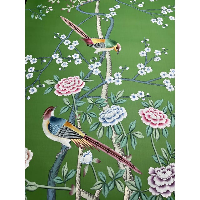 Chinoiserie Hand-Painted Emerald Green Bird & Floral Wall Panels, Set of 3 For Sale - Image 3 of 5