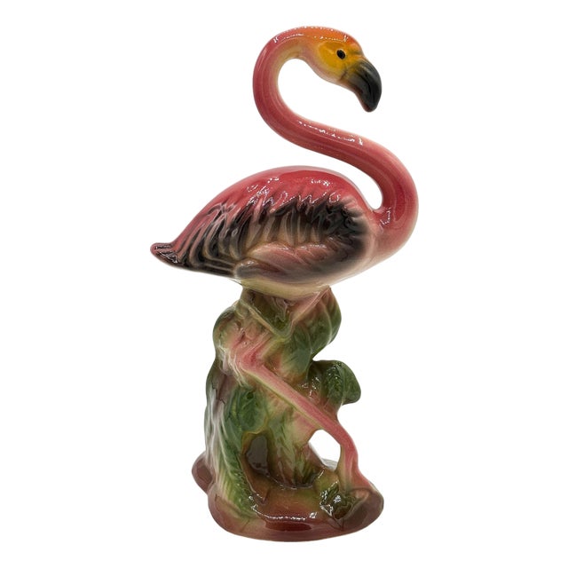 1950s Large 10" MCM Ceramic Hand Painted Flamingo Flower Table Planter, California For Sale