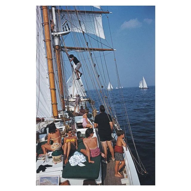 Sailing Off Boston 1959 Henry B. Cabot Jr. (in black) on Barclay (Buzzy) H Warburton III’s brigantine ‘Black Pearl’, circa...