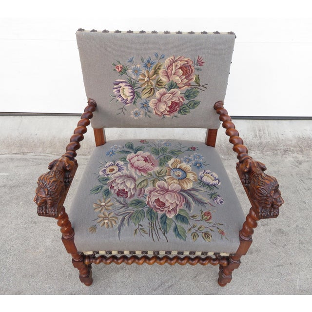 Antique Barley Twist Needle Point Carved Lions Hall or Throne Chair ~ Traditional Style Wood Side Accent Art Seating For Sale In Seattle - Image 6 of 18