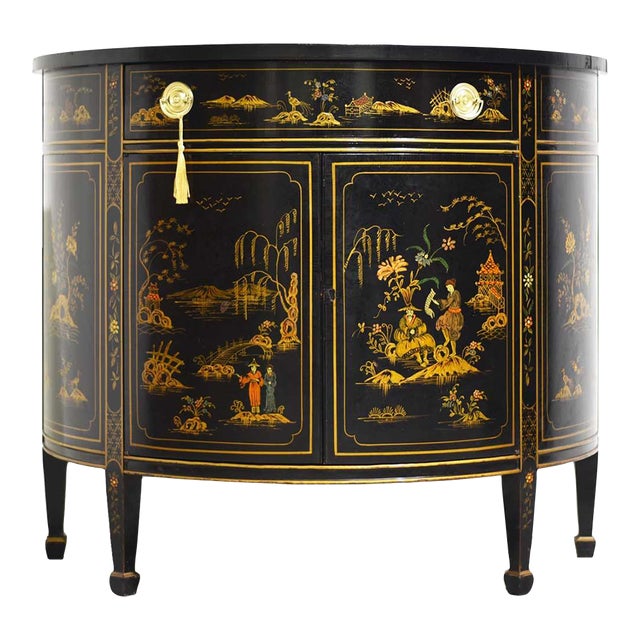 Mid Century French Chinoiserie Leather Top DemiLune Commode - Single Unit For Sale