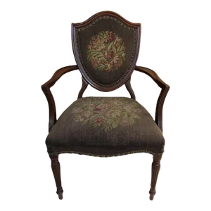 Vintage French Louis XVI Style Shield Back Arm Side Chair With Needlepoint