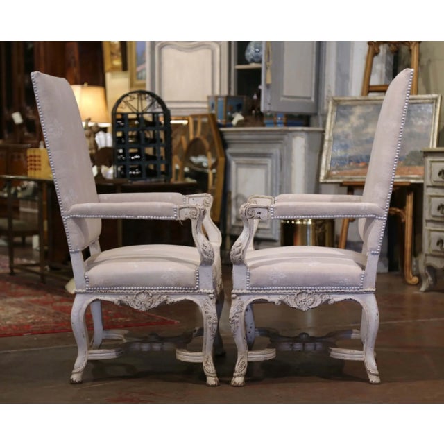 Pair of 19th Century Louis XIV Carved Painted Armchairs With Fleur-De-Lys Fabric For Sale - Image 9 of 10
