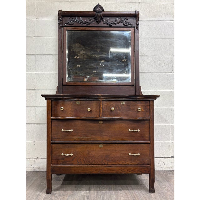Late 19th Century Antique Late Victorian Edwardian Serpentine Oak Dresser With Removable Mirror For Sale - Image 5 of 14