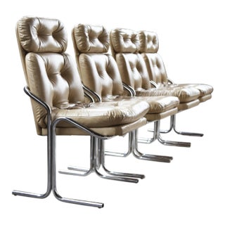 Pair 1970s Vintage Post Modern Jerry Johnson Style Bent Tubular Beige and Chrome Chairs - Pair of 2 For Sale