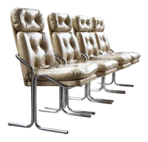Pair 1970s Vintage Post Modern Jerry Johnson Style Bent Tubular Beige and Chrome Chairs - Pair of 2