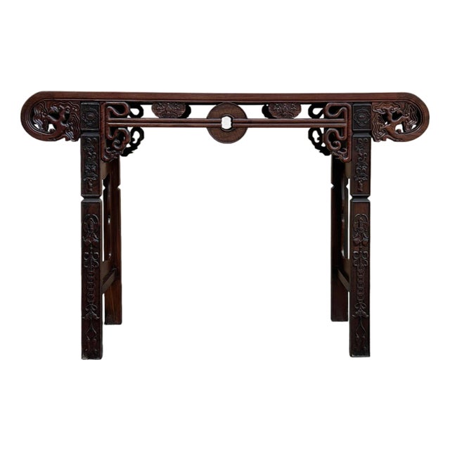 Vintage Oriental Brown Scroll End RuYi Apron Altar Console Table For Sale