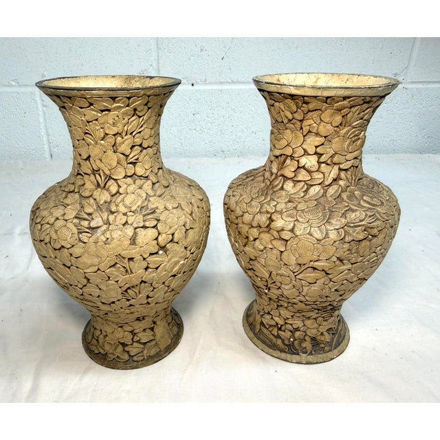 Pair of Antique Handmade Chinese Carved White Lacquer Cinnabar Floral Vase Urn For Sale In New York - Image 6 of 12