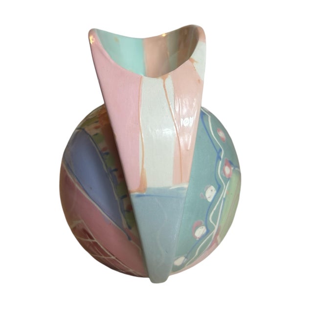Ceramic Vintage 1980s Ceramic Pitcher Vase Postmodern Colorful Pastel, Signed For Sale - Image 7 of 10